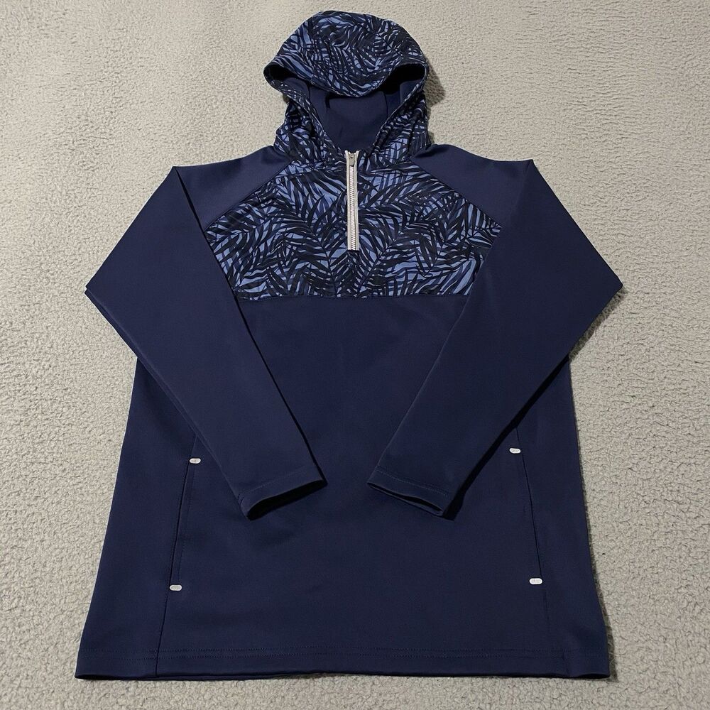 Peter Millar Hoodie Womens Large Blue Leaves 1/4 Zip Pullover Sweatshirt Golf